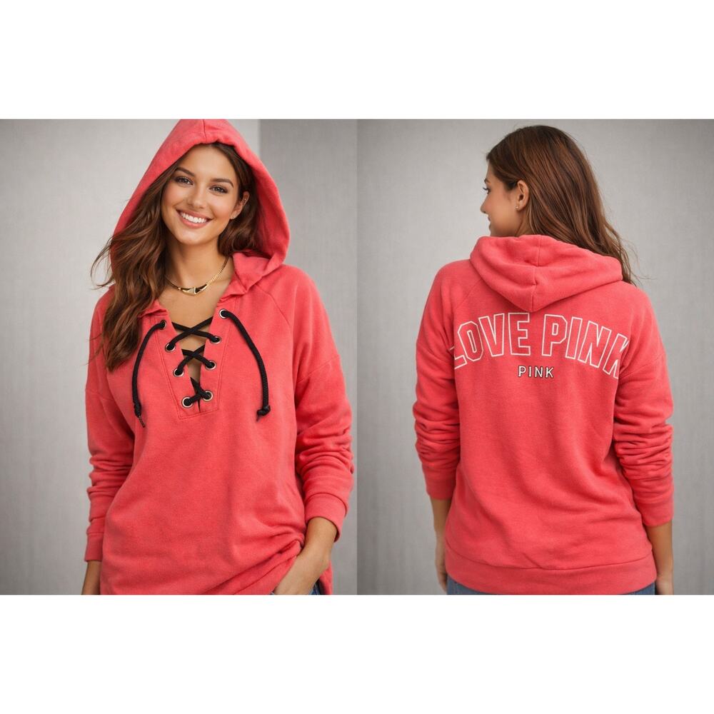 PINK Victoria’s Secret Coral Lace-Up Hoodie Size Large Soft Pullover